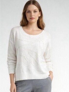 Pearl-Embellished White Crewneck Sweater - Women